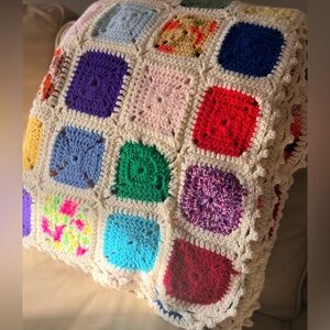 Handmade Granny Square Cream base Multicolor Patchwork Large Blanket size 58x74